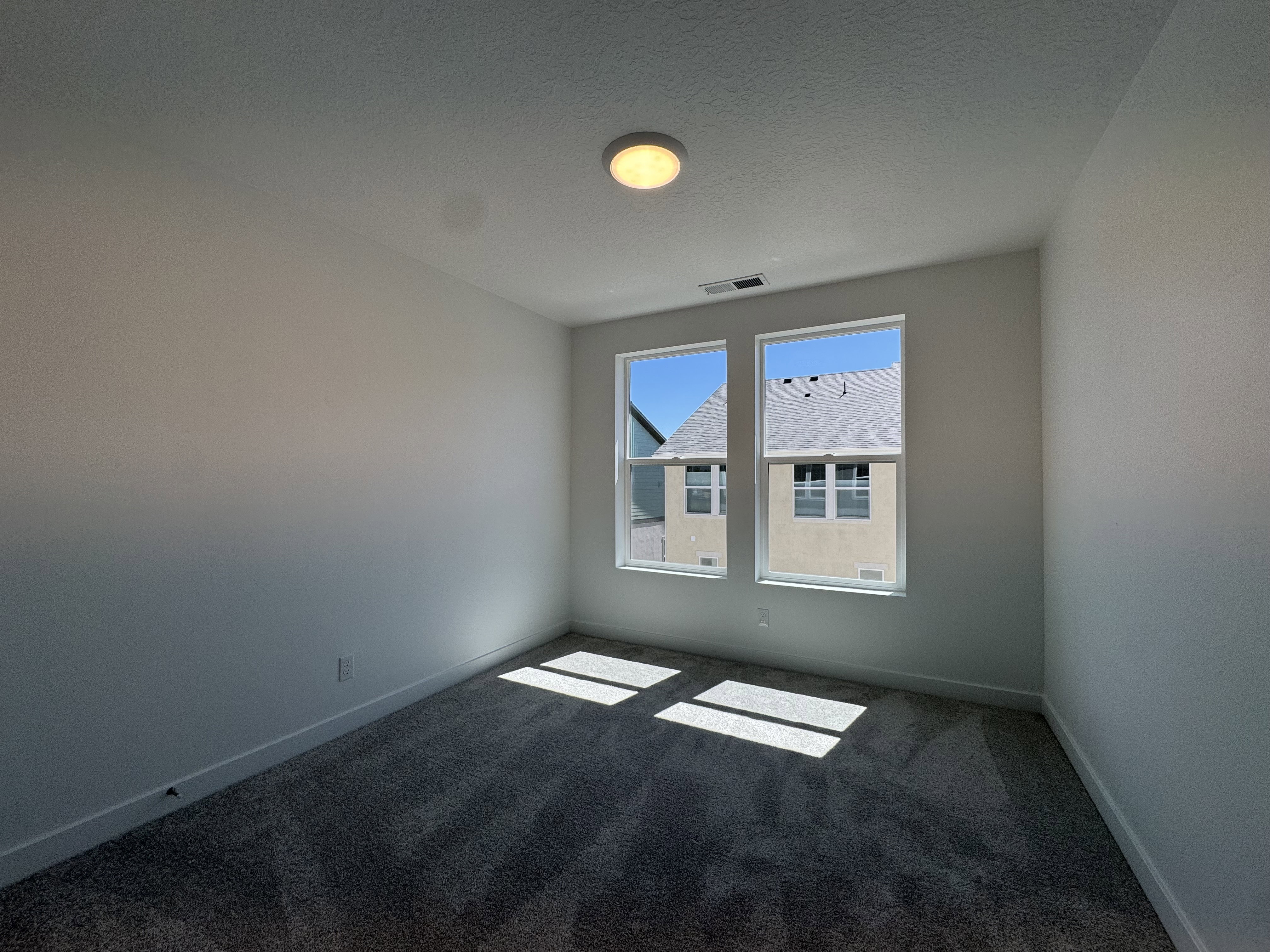 Room featuring neutral-toned walls, gray patterned carpet, and two double-hung windows providing natural light