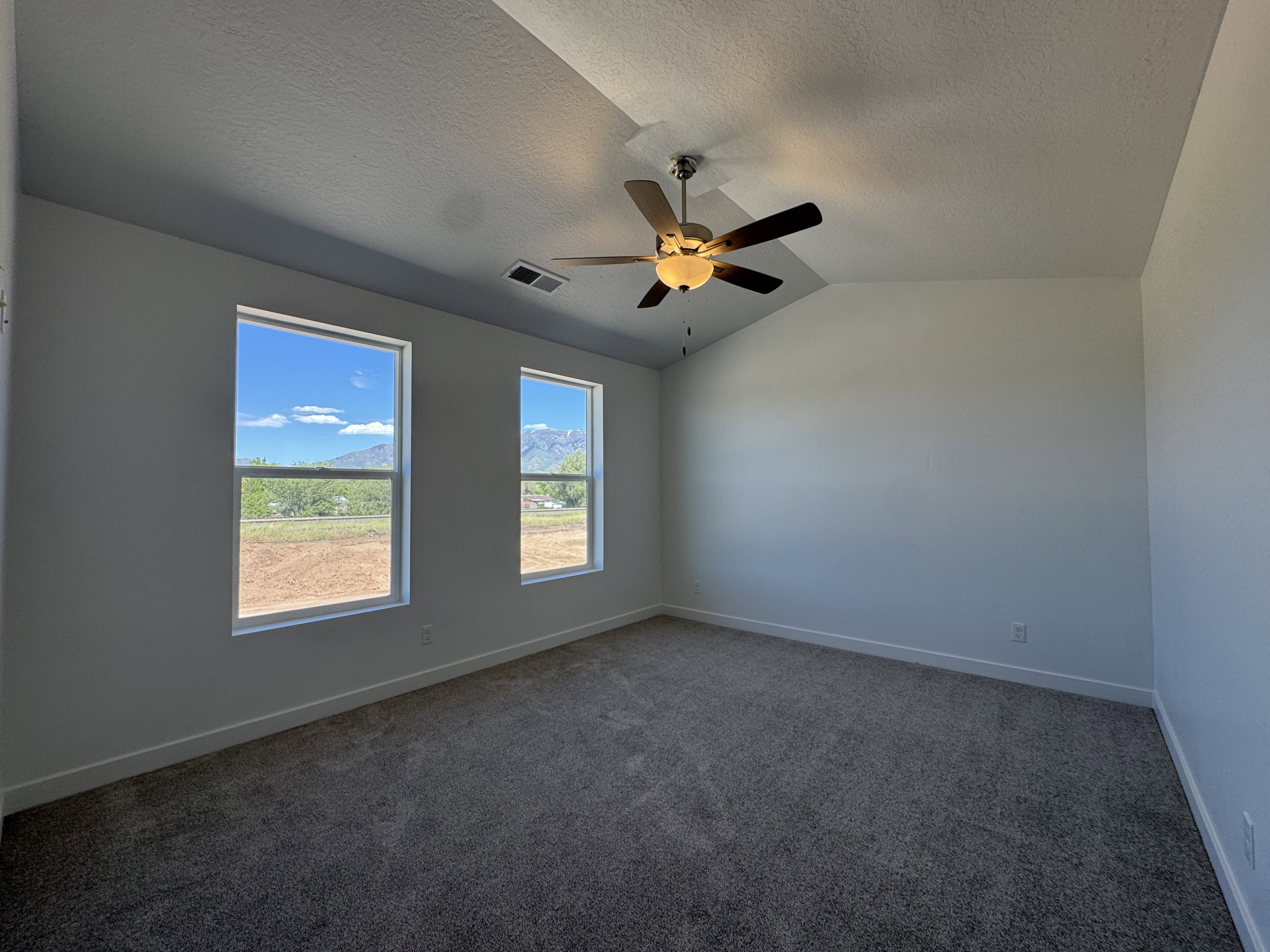 Spacious room featuring a tray ceiling with a ceiling fan, two windows, gray carpeting, and white baseboards