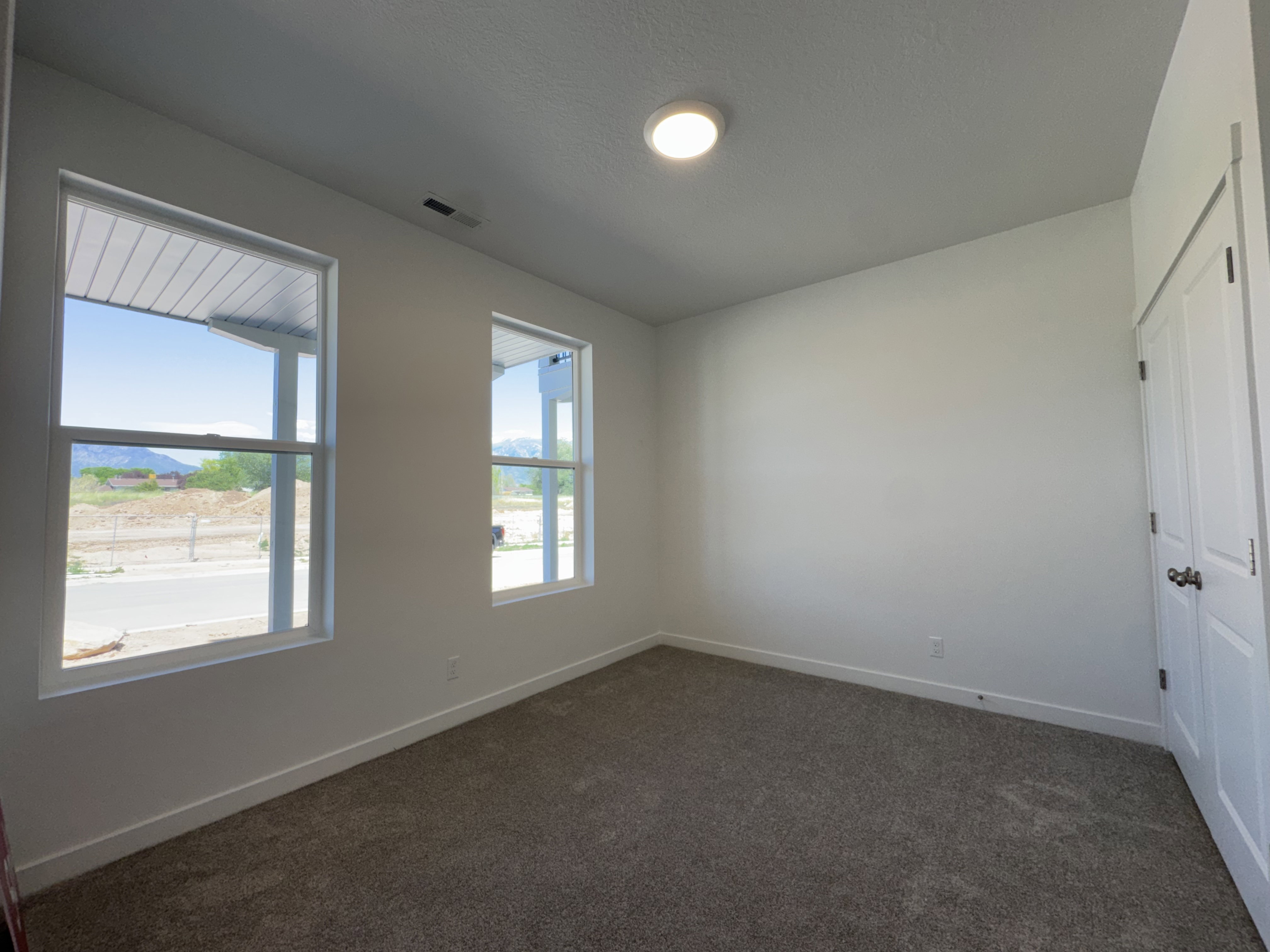 Carpeted room with white walls, two windows, and a flush-mount ceiling light