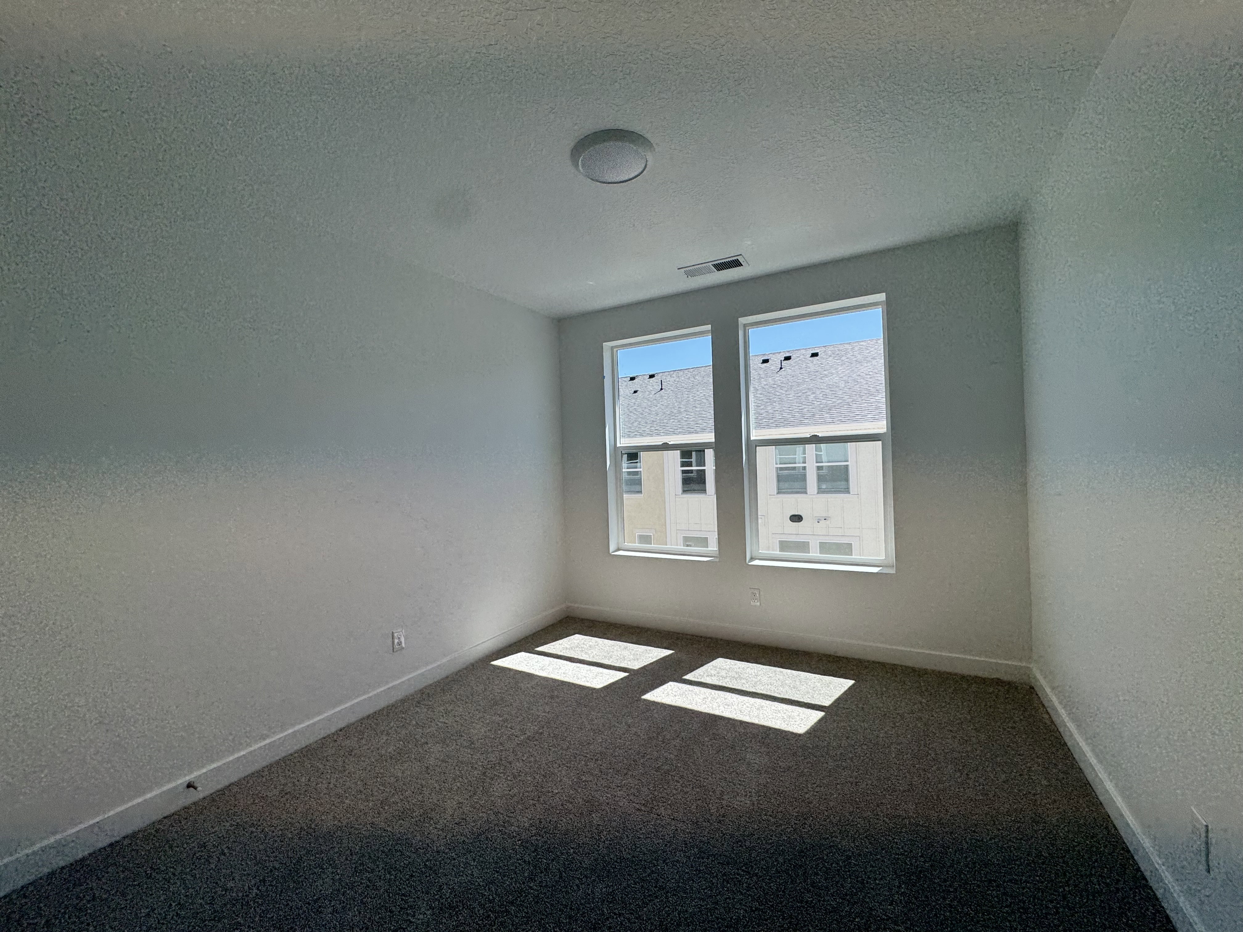 Room featuring two vertical windows, textured wall finishes, and gray carpeting