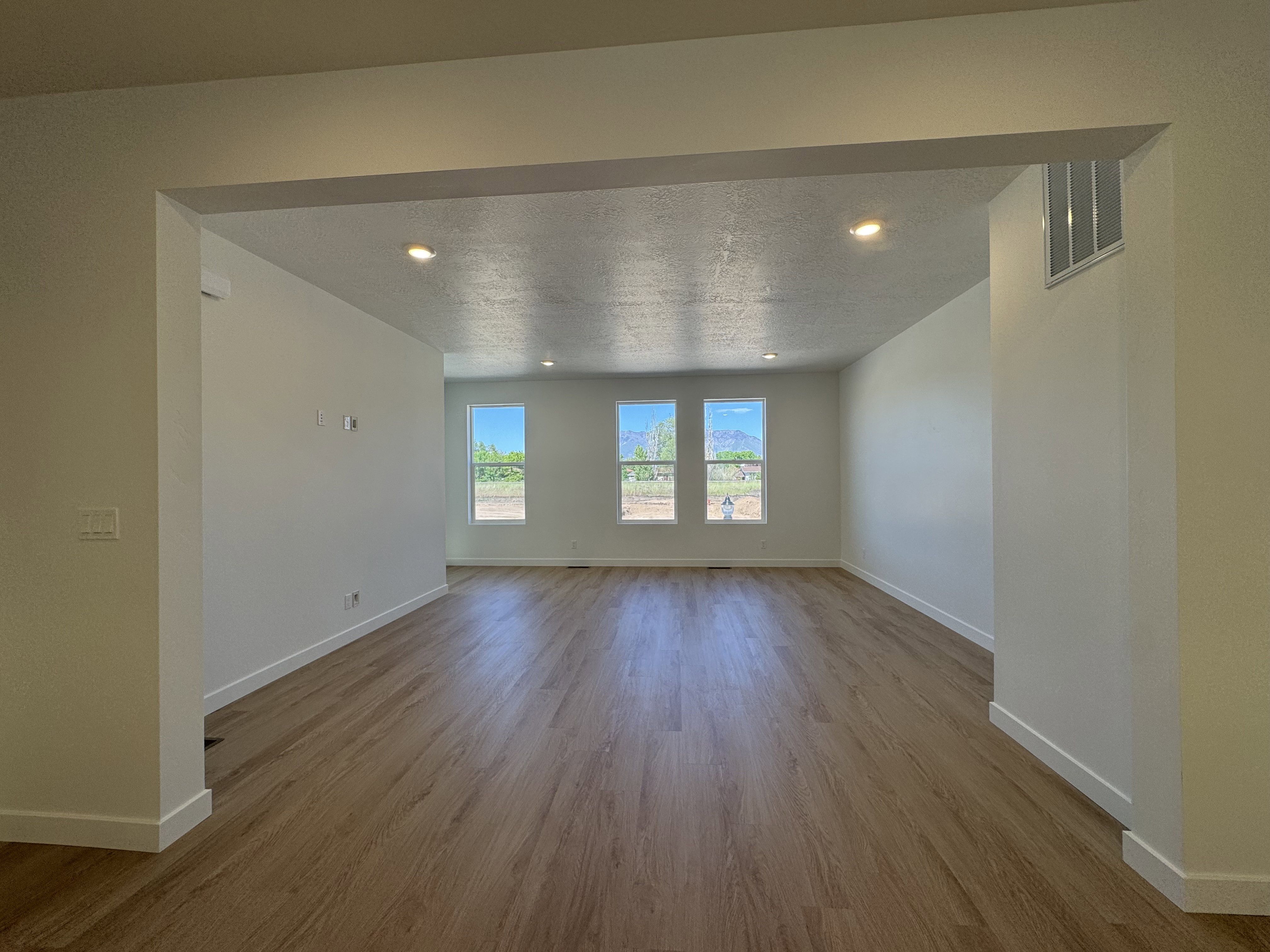 Expansive room featuring wood-finish flooring, recessed lighting, and three tall windows