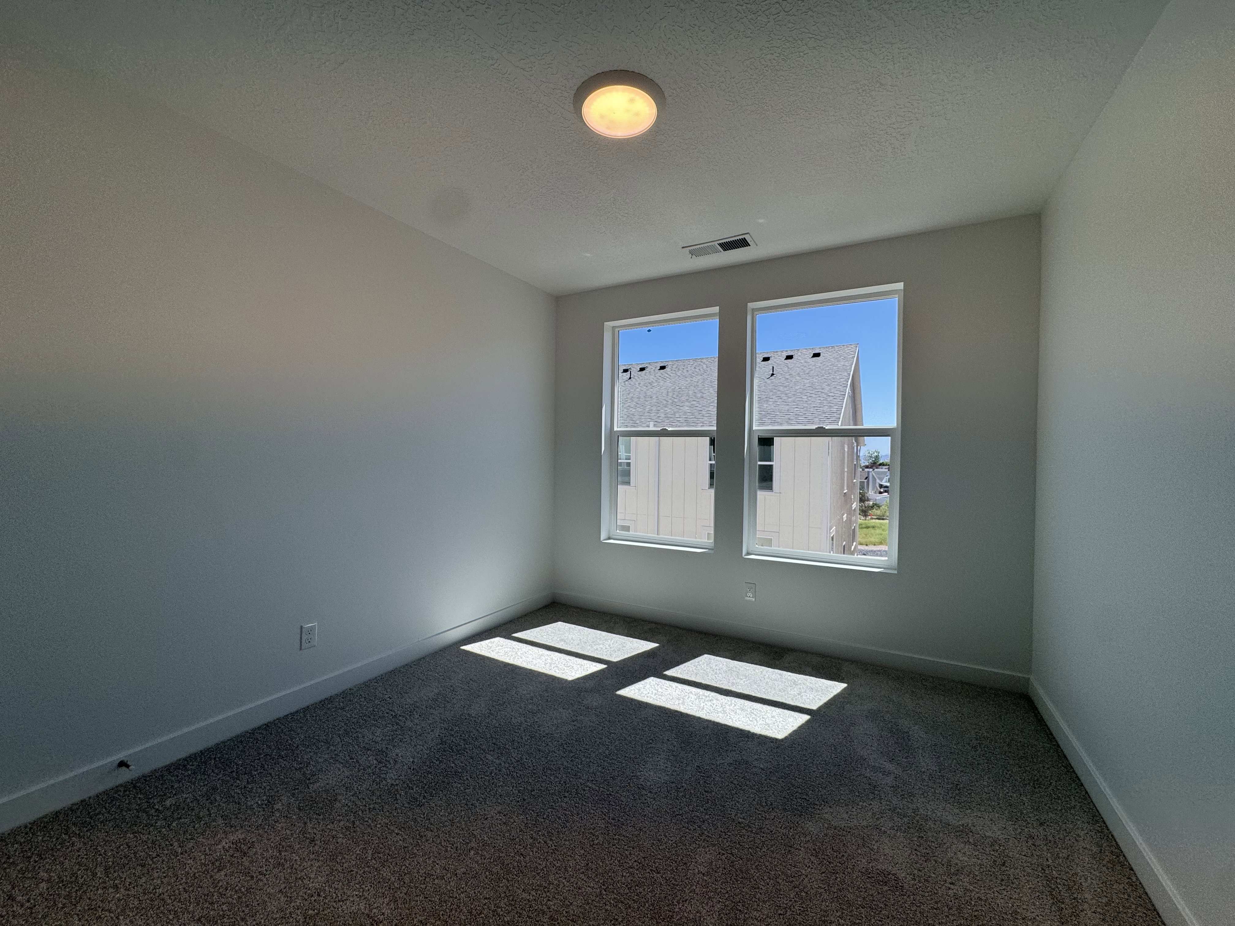 Bright room with dual windows, neutral wall tones, and textured carpet flooring