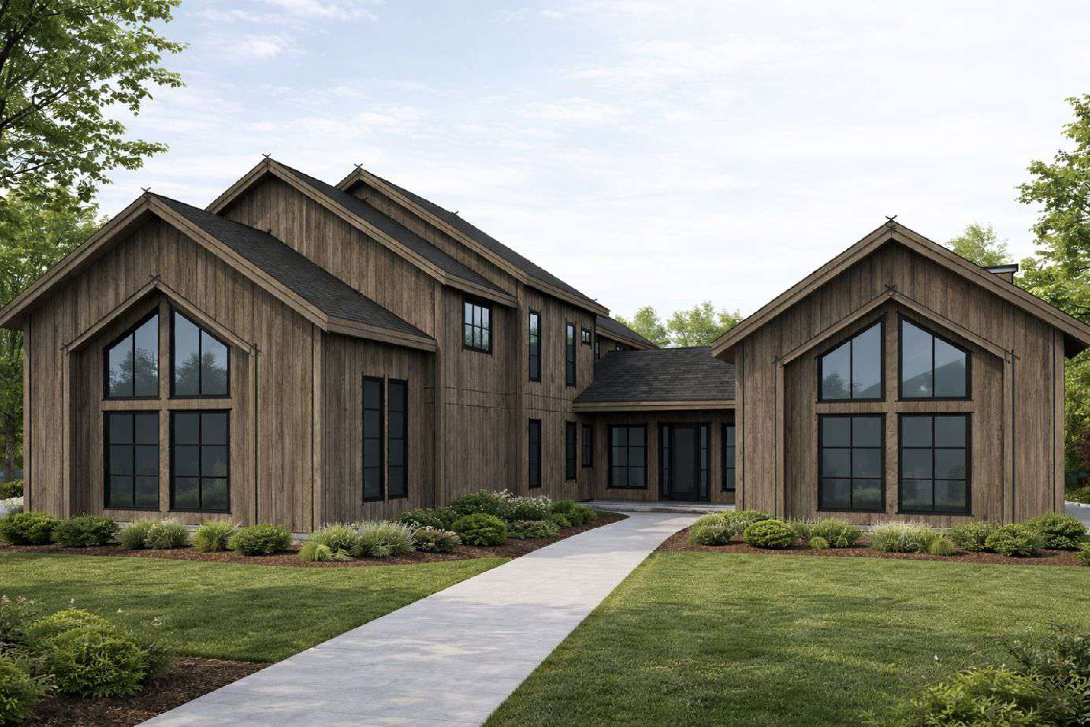 Modern exterior featuring wood-finish siding and dark-frame windows