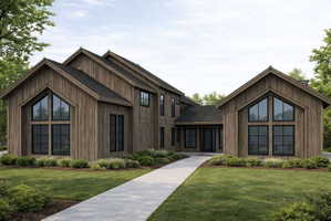 Modern exterior featuring wood-finish siding and dark-frame windows