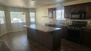 Kitchen island with an extended countertop, dark wood-finish cabinetry, and stainless steel appliances