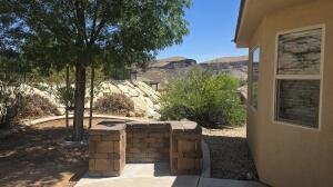 Outdoor patio area featuring a built-in stone block structure, concrete paving, and a mature shade tree