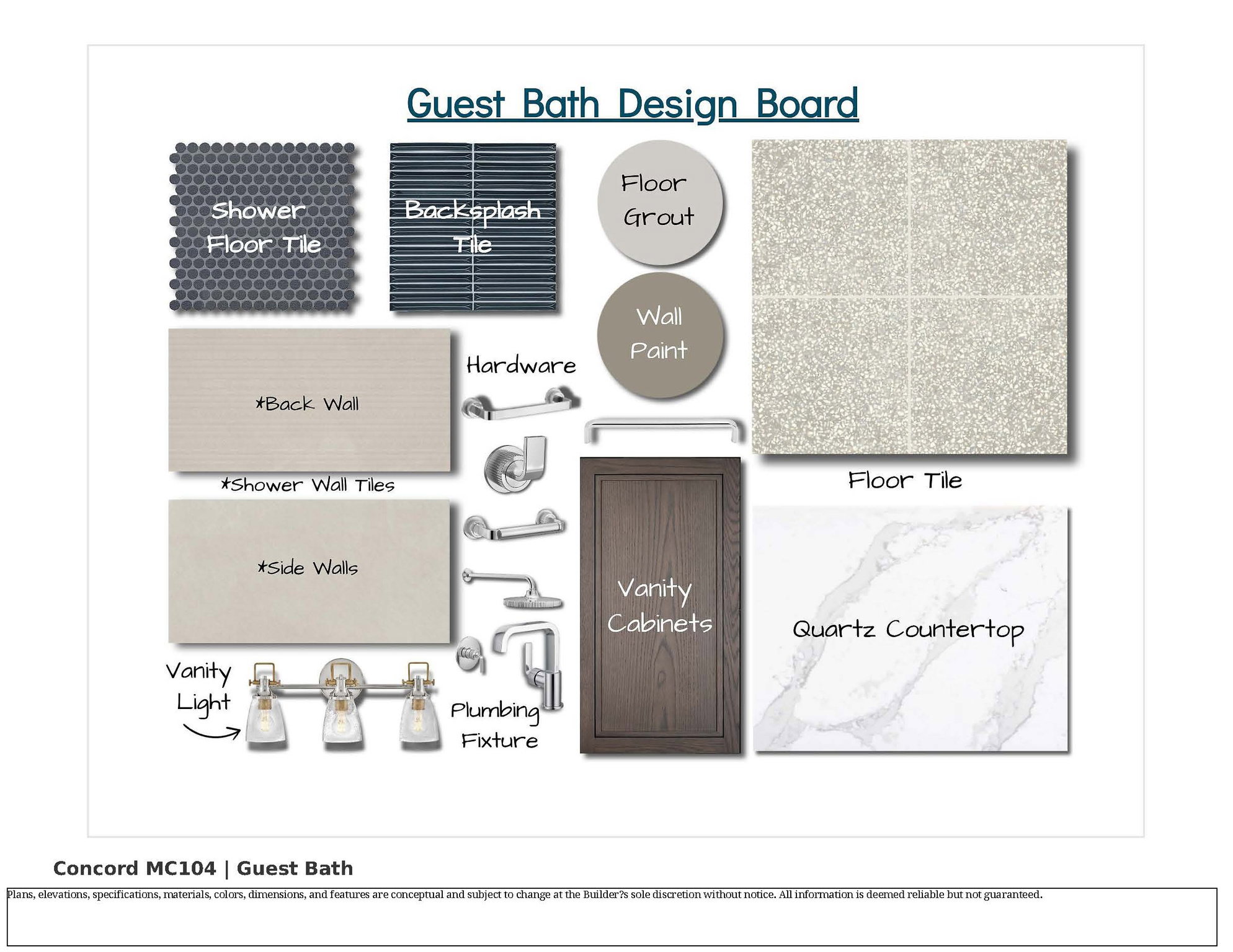 Design Board, Guest Bath. Detailing material and fixture selections for the property's guest bathroom