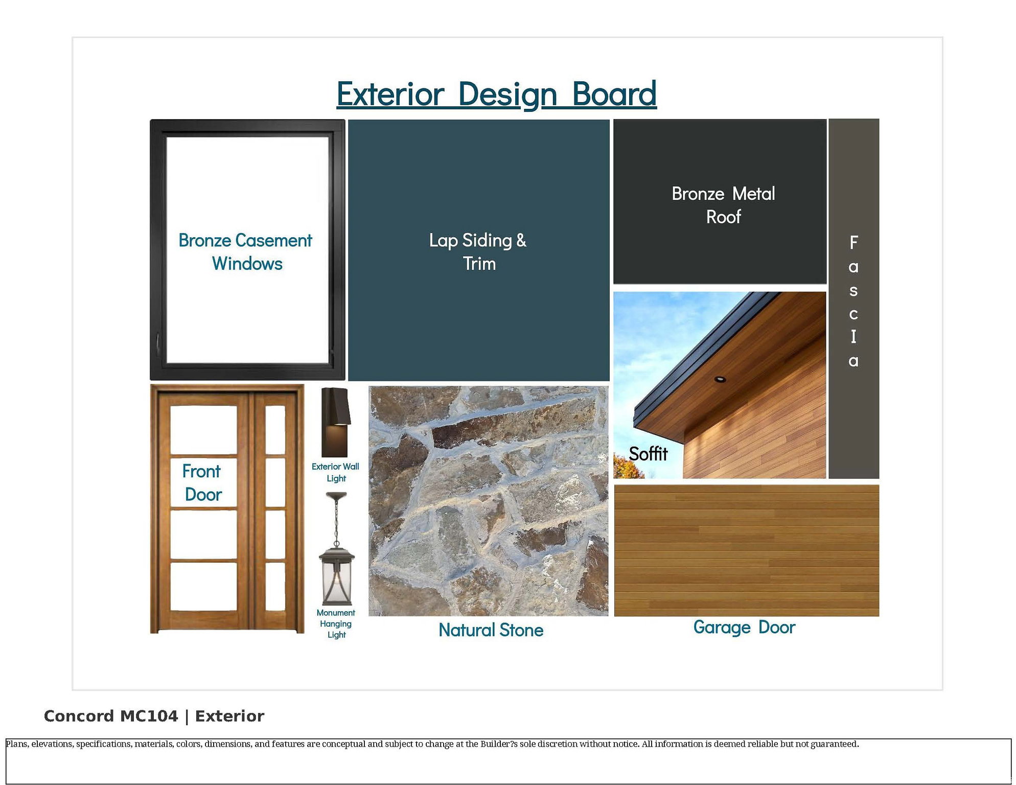 Exterior Design Board. Illustrating material and finish selections for the property's exterior