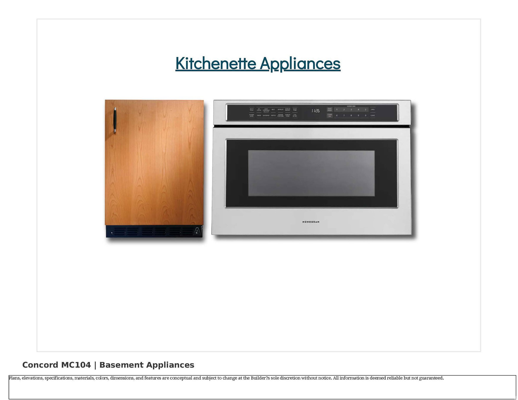 Appliance Specification Sheet. Detailing appliances for the property's kitchenette