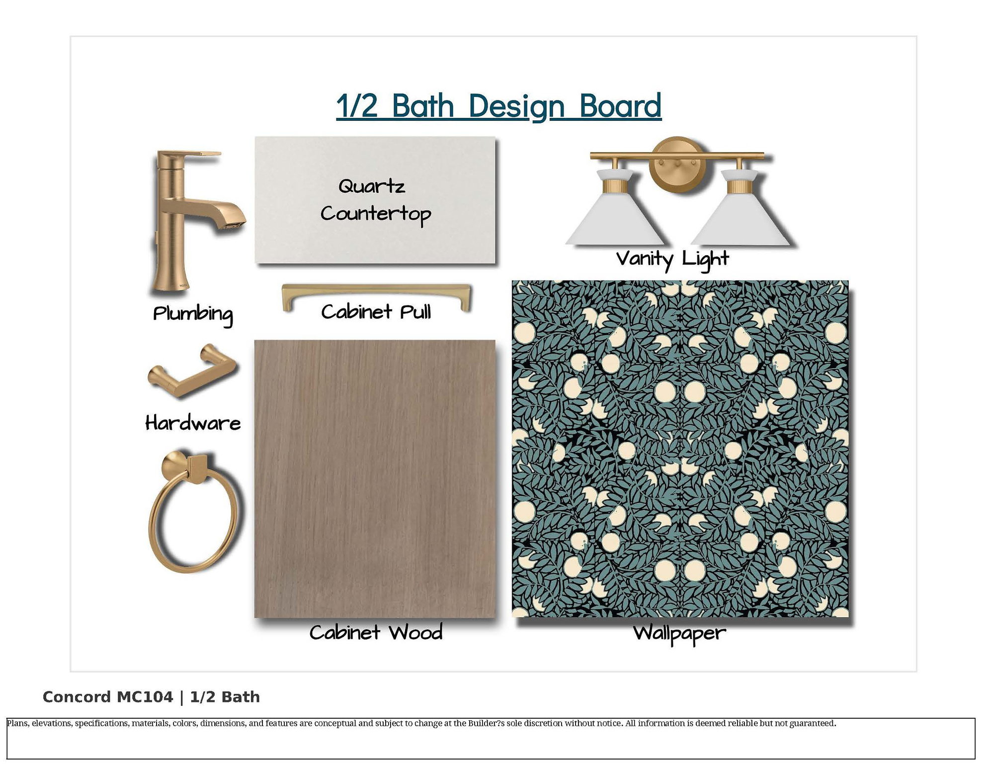 Design Board for 1/2 Bath. Illustrating selected materials and finishes for the property
