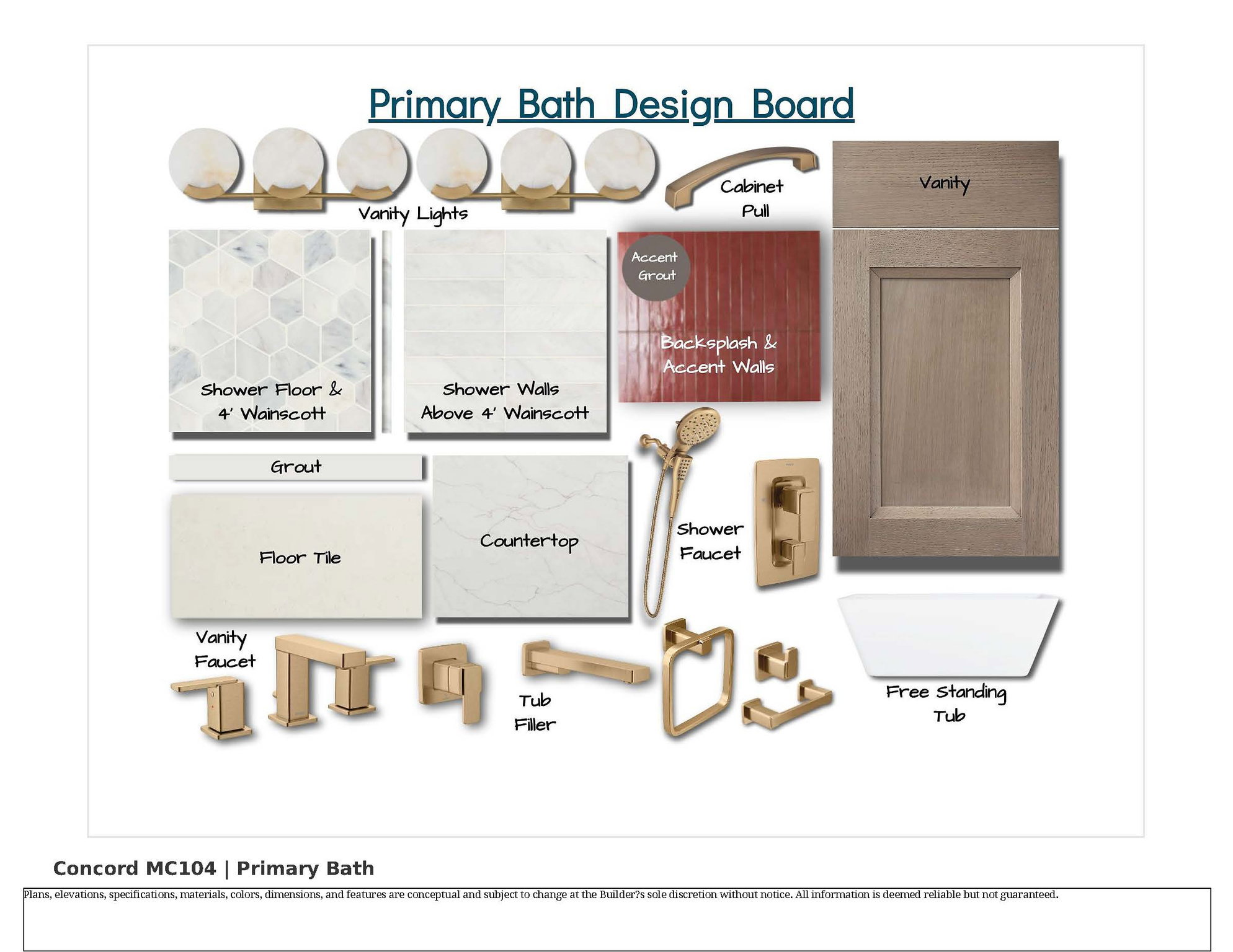 Primary Bath Design Board. Illustrating material and fixture selections for the property's primary bath