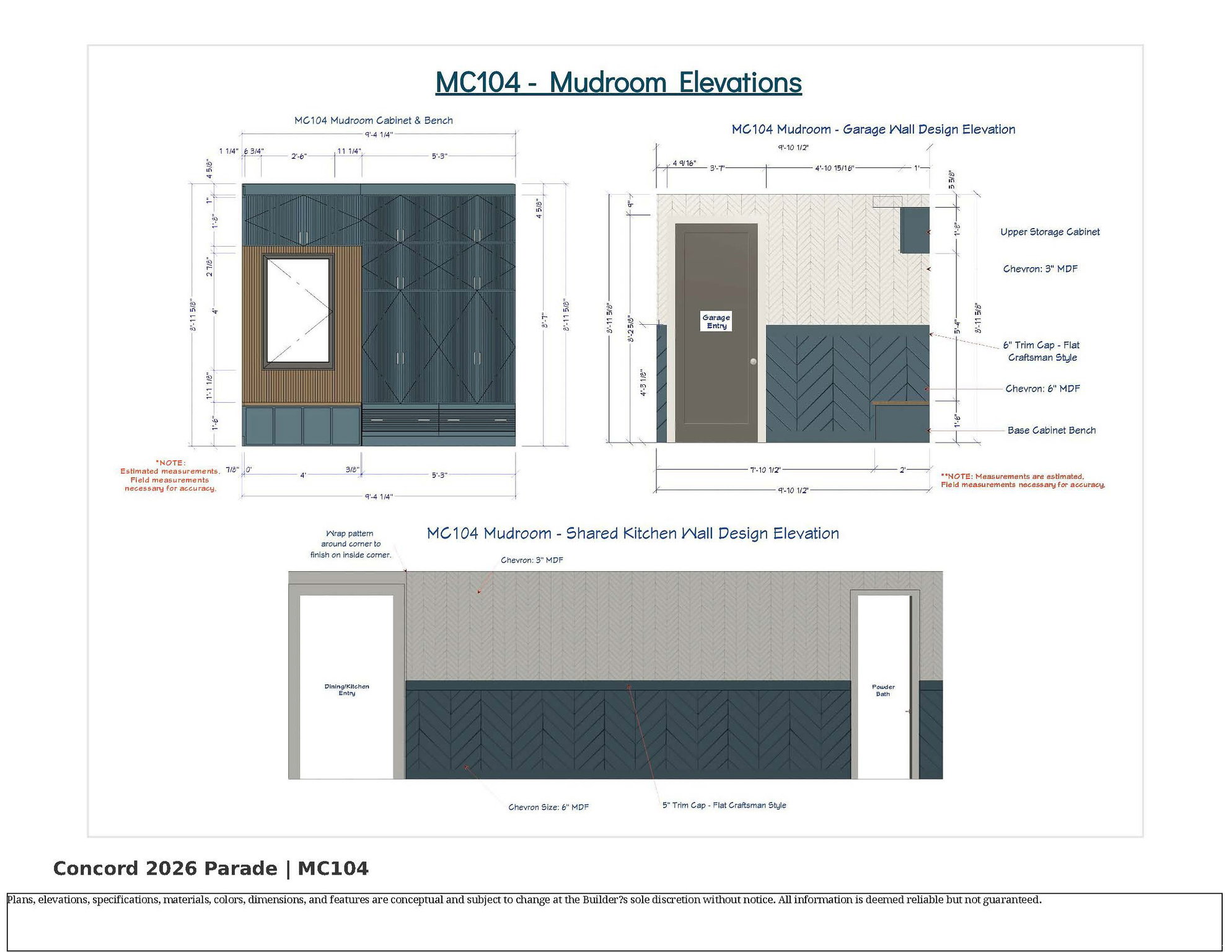 Architectural Drawing, MC104 Mudroom Elevations. Presenting various design and dimensional specifications for the property's mudroom features