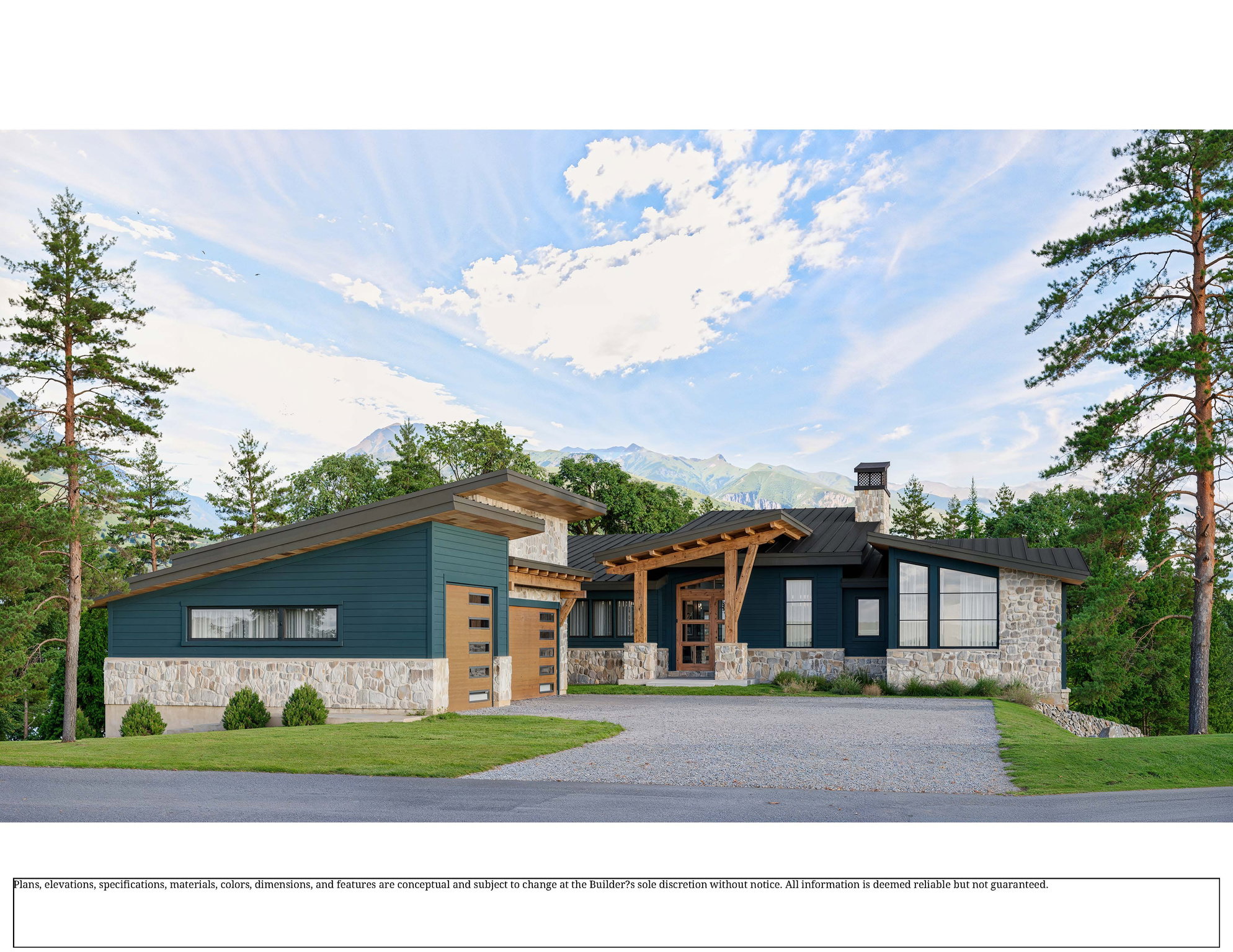 Contemporary architecture featuring a stone and siding facade, a prominent wood beam entryway, and a multi-car garage with wood panel doors