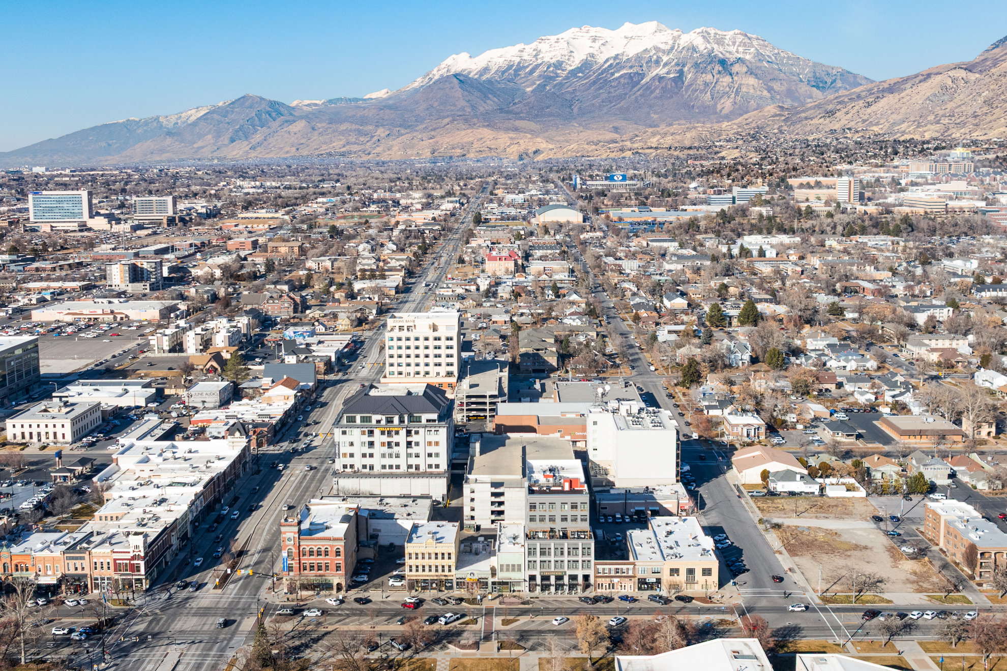 Urban landscape featuring a prominent mountain backdrop