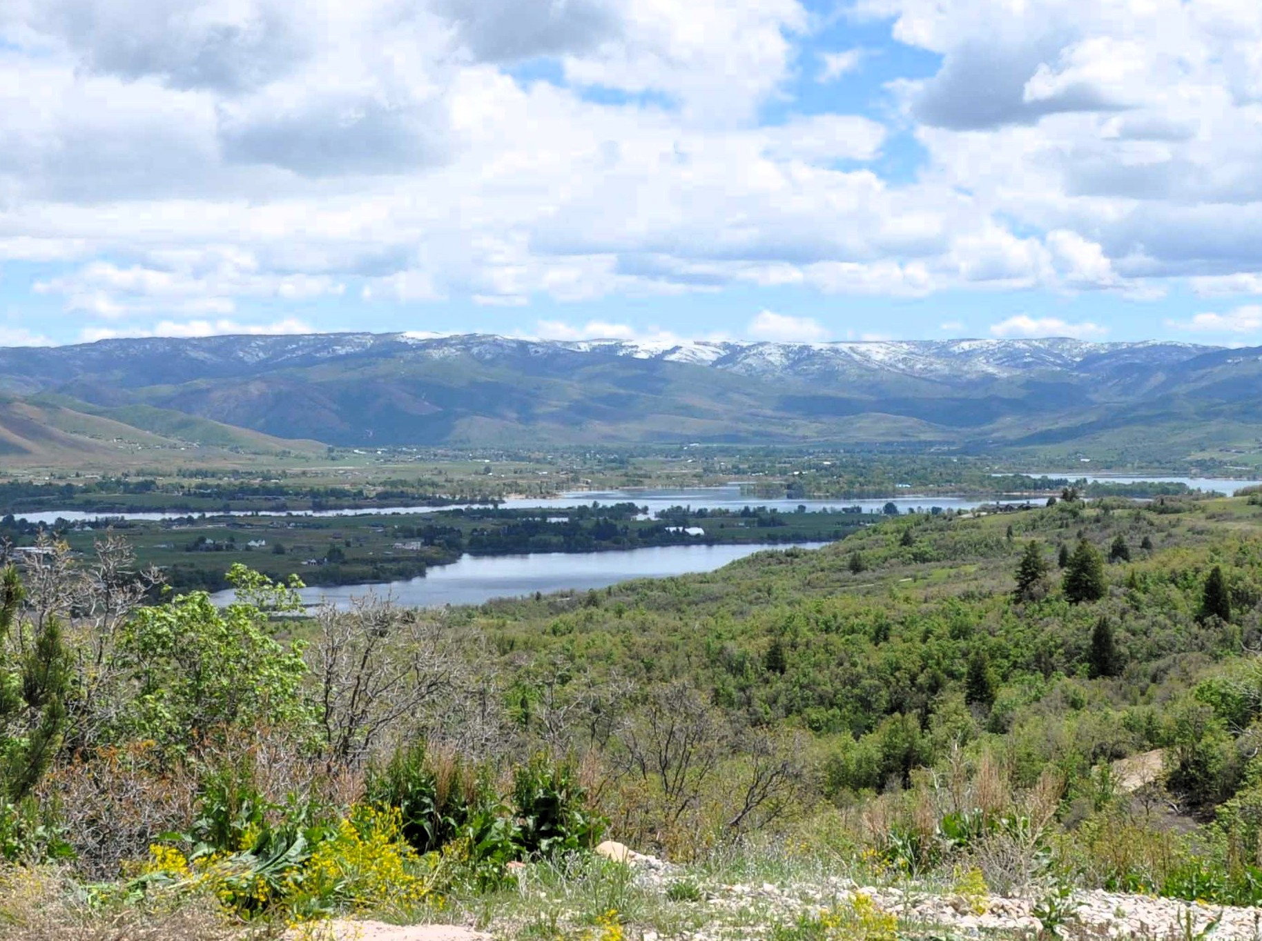 Expansive natural landscape with distant snow-capped mountains, a prominent lake, and rolling hills covered in diverse greenery