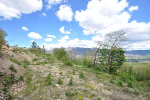 Sloped lot featuring partial tree coverage and a distant mountain backdrop