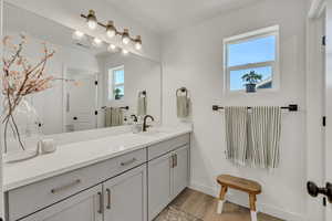 Modern bathroom vanity featuring light gray cabinetry with brushed nickel hardware, a white countertop, and a wide mirror