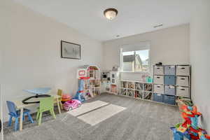Carpeted room featuring a single window with blinds, ceiling-mounted light fixture, and white painted walls