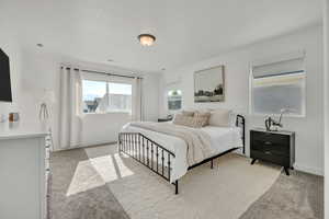Spacious room featuring neutral carpeting, white walls, multiple windows, and a ceiling-mounted light fixture