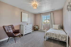 Carpeted interior space featuring a single window with vertical blinds, a ceiling-mounted light fixture, and light-colored walls