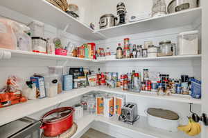 Ample pantry shelving with white shiplap backing and wood-finish flooring