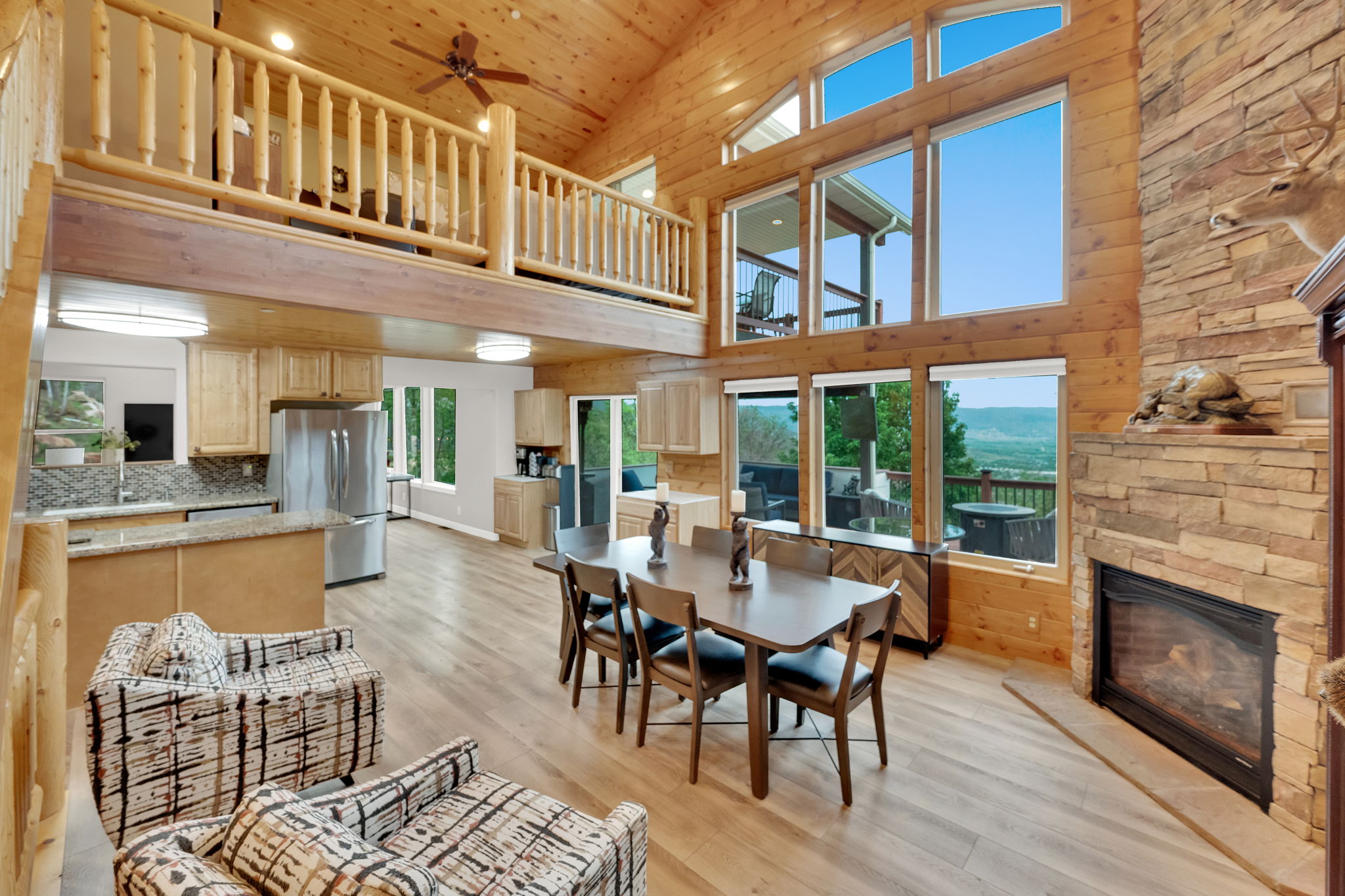 Vaulted wood-paneled ceilings with exposed beams