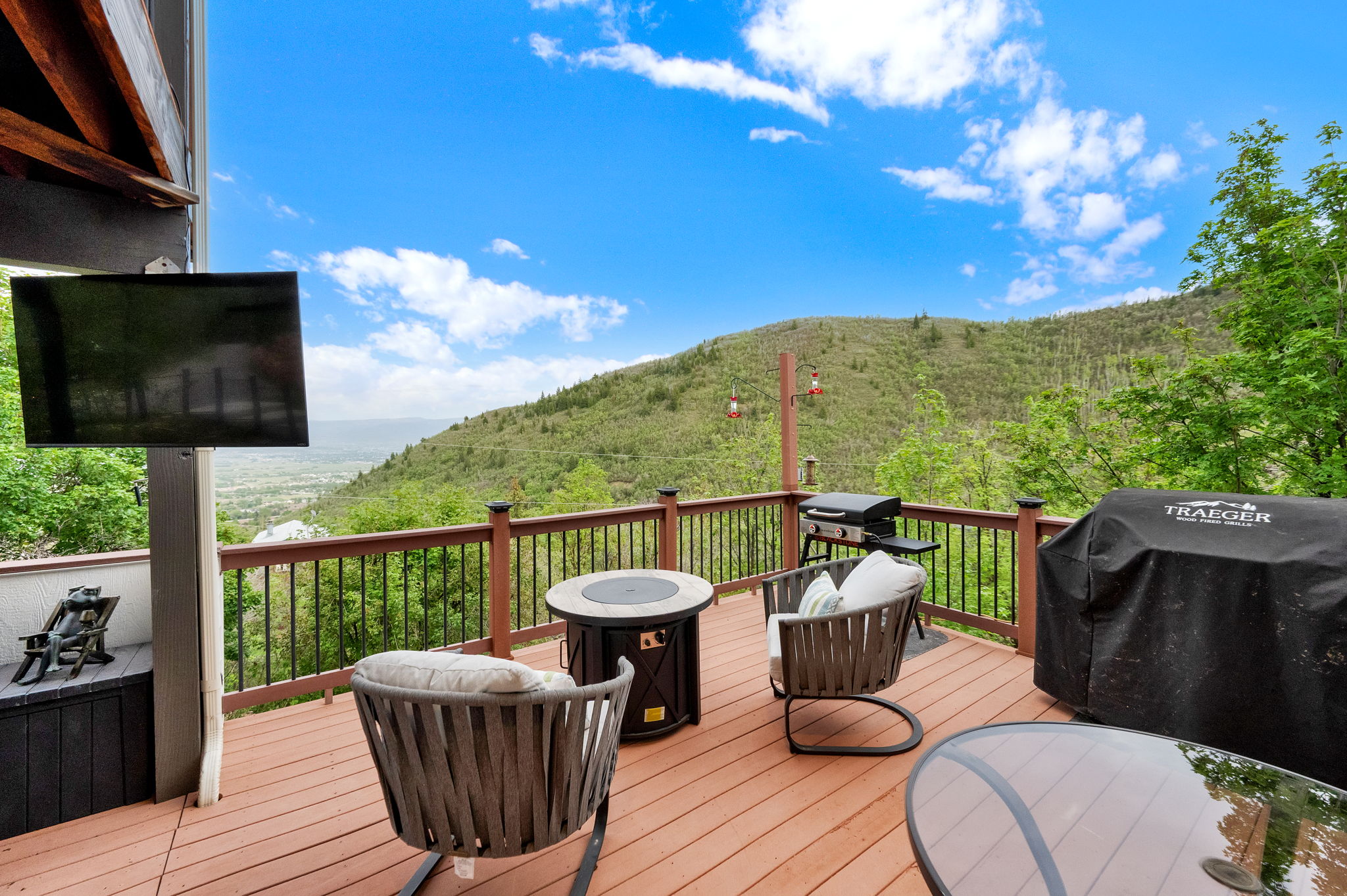 Expansive outdoor deck featuring wood-finish flooring, dark wood railings, and a built-in entertainment system