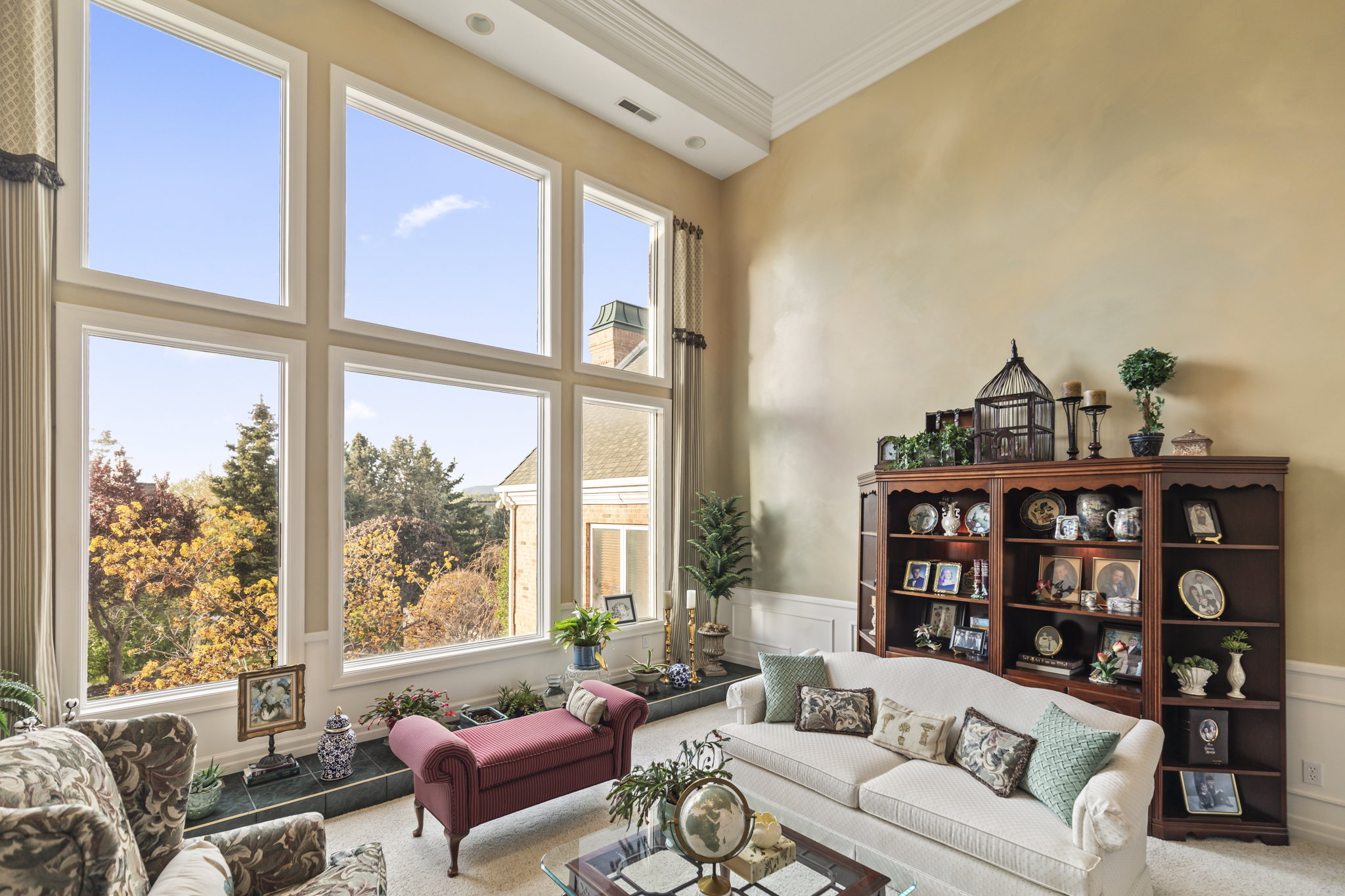 Carpeted living room featuring ornamental molding, a wainscoted wall, and a decorative wall