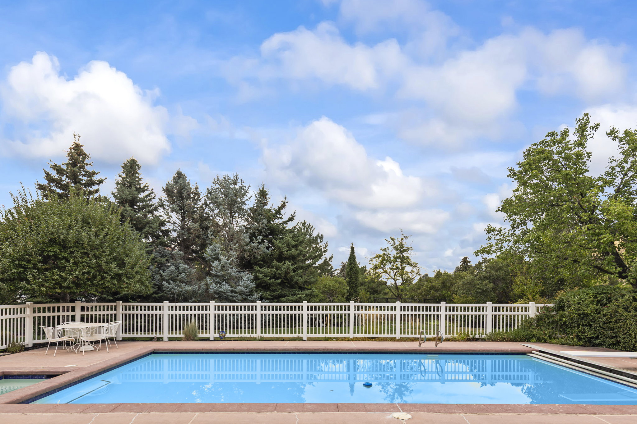 View of pool featuring patio surround and view of scattered trees