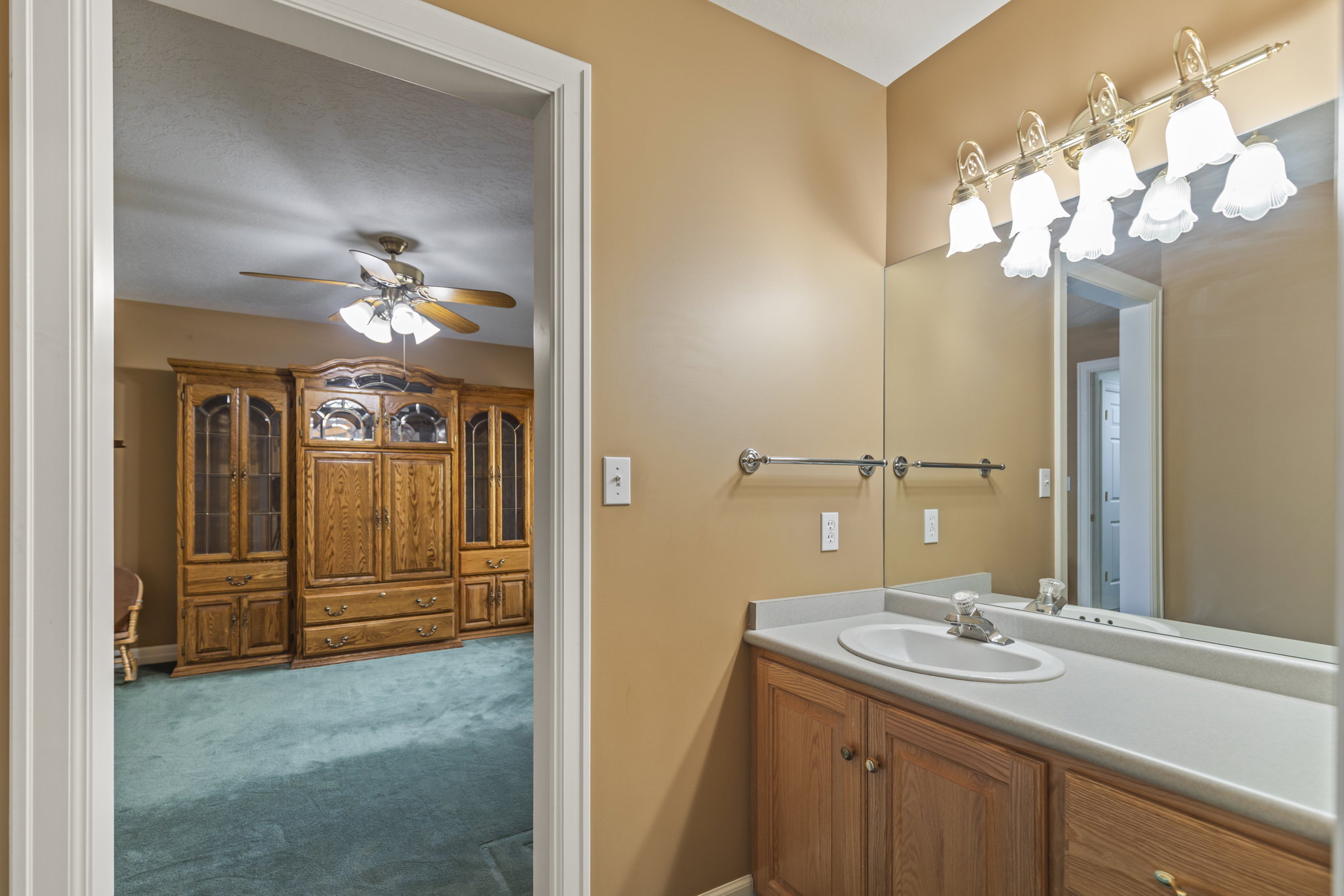Bathroom with vanity, a ceiling fan, and dark colored carpet