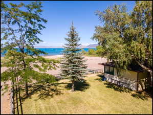Expansive property featuring a vibrant blue lakefront, sandy beach, mature evergreen, and a single-story cabin with a covered porch