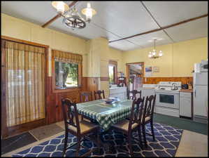 Kitchen area with wood-paneled walls and dining table