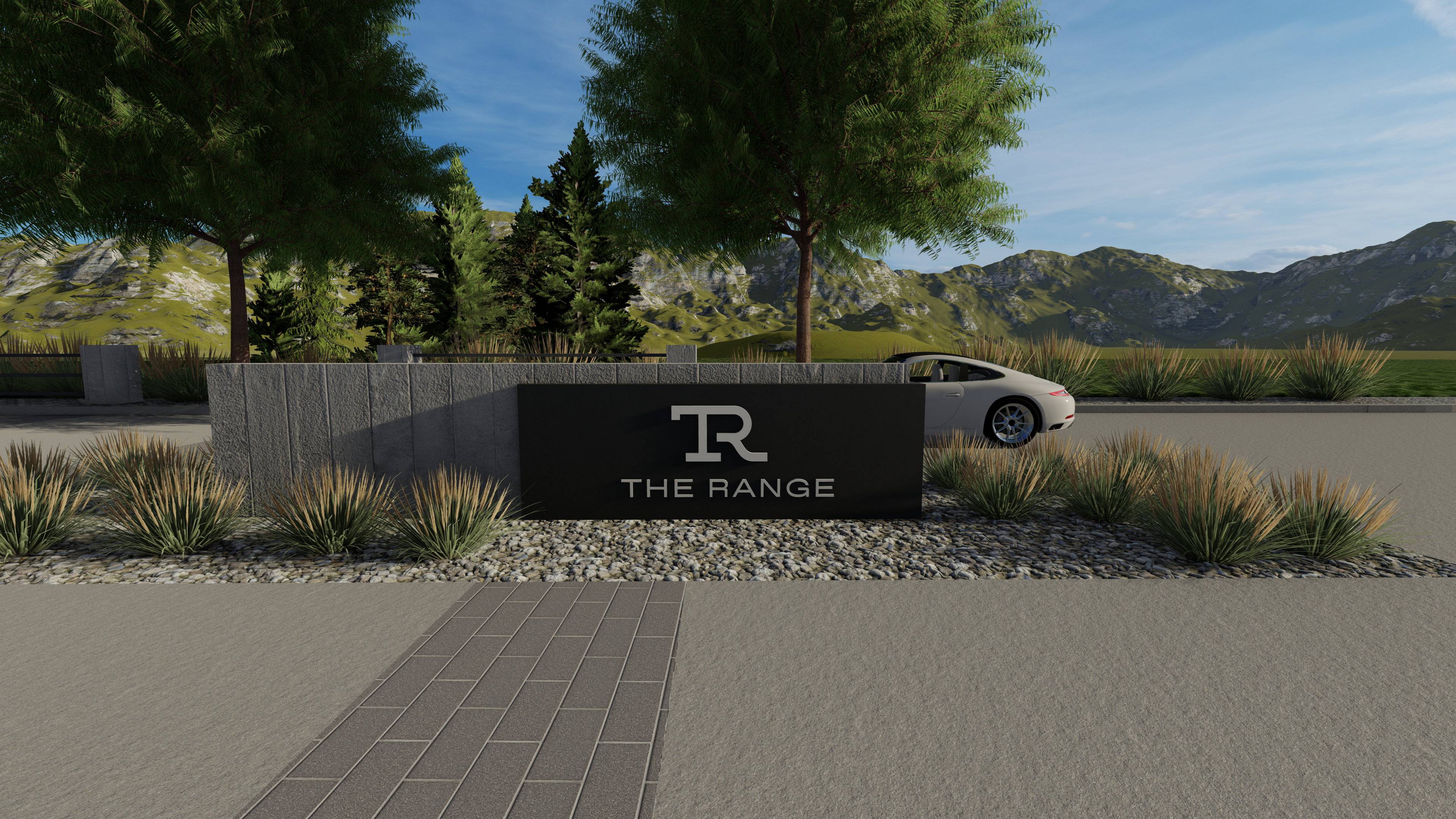 Community entrance sign featuring a textured stone wall and dark paneling