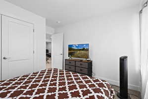 Room featuring white walls, modern flat-panel interior doors with brushed nickel hardware, and light-colored carpeting
