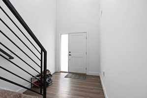 Entryway with wood-finish flooring and a white paneled door