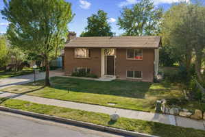Traditional split entry home featuring a brick exterior and a brown shingle roof