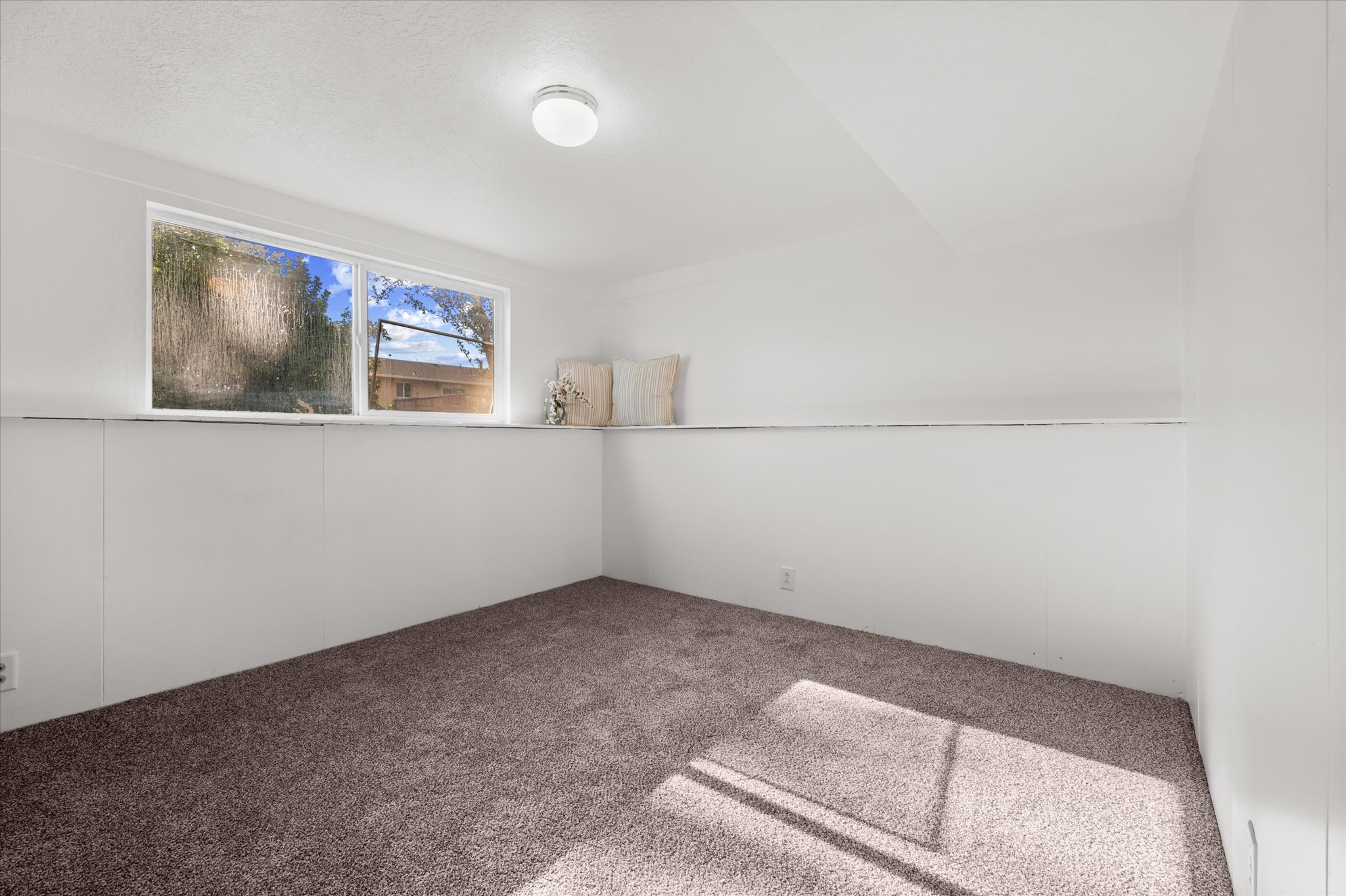 Bright room featuring a large window, neutral carpeting, and a built-in display ledge