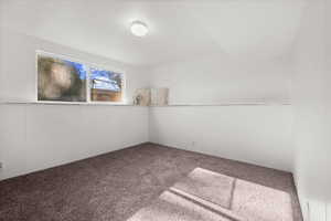 Bright room featuring a large window, neutral carpeting, and a built-in display ledge