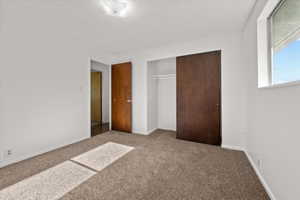 Bright room with neutral carpet flooring and white walls