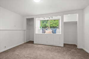 Built-in window seat with under-storage cabinetry, flanked by two closet alcoves, track lighting fixture, and neutral carpeting