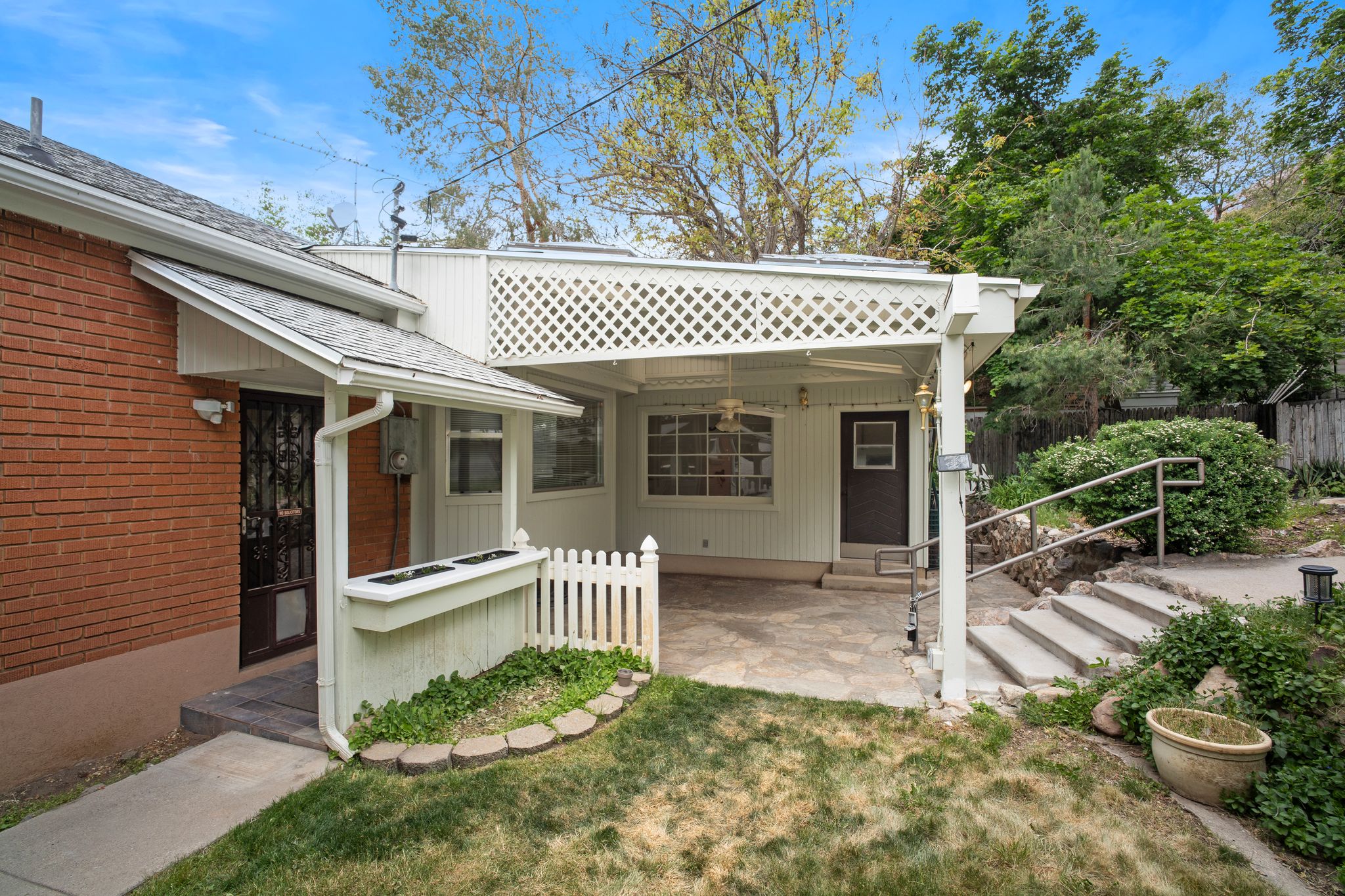 Covered patio with lattice detailing