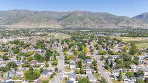 Expansive neighborhood with mature trees, established residential streets, and distant mountain ranges