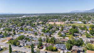 Aerial perspective showcasing a residential area with varied housing styles and mature tree cover