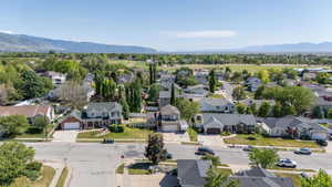 Expansive residential neighborhood featuring diverse architectural styles, mature trees, and a mountain range backdrop