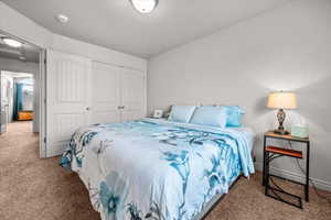 Plush carpeted flooring enhances this room featuring white walls and a ceiling light fixture