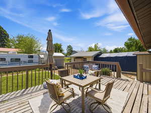 Expansive wood deck with a full railing and stairs