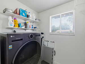 Dedicated laundry area featuring white walls and a window with blinds