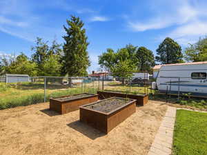 Outdoor area featuring three raised garden beds with a perimeter chain-link fence