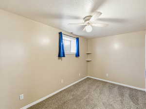 Carpeted room featuring a ceiling fan with integrated lighting, a window with a white frame, and two corner-mounted shelves