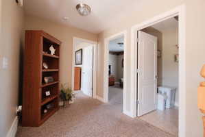 Hallway featuring plush carpeting, warm neutral wall tones, white trim, and a flush-mount ceiling light fixture